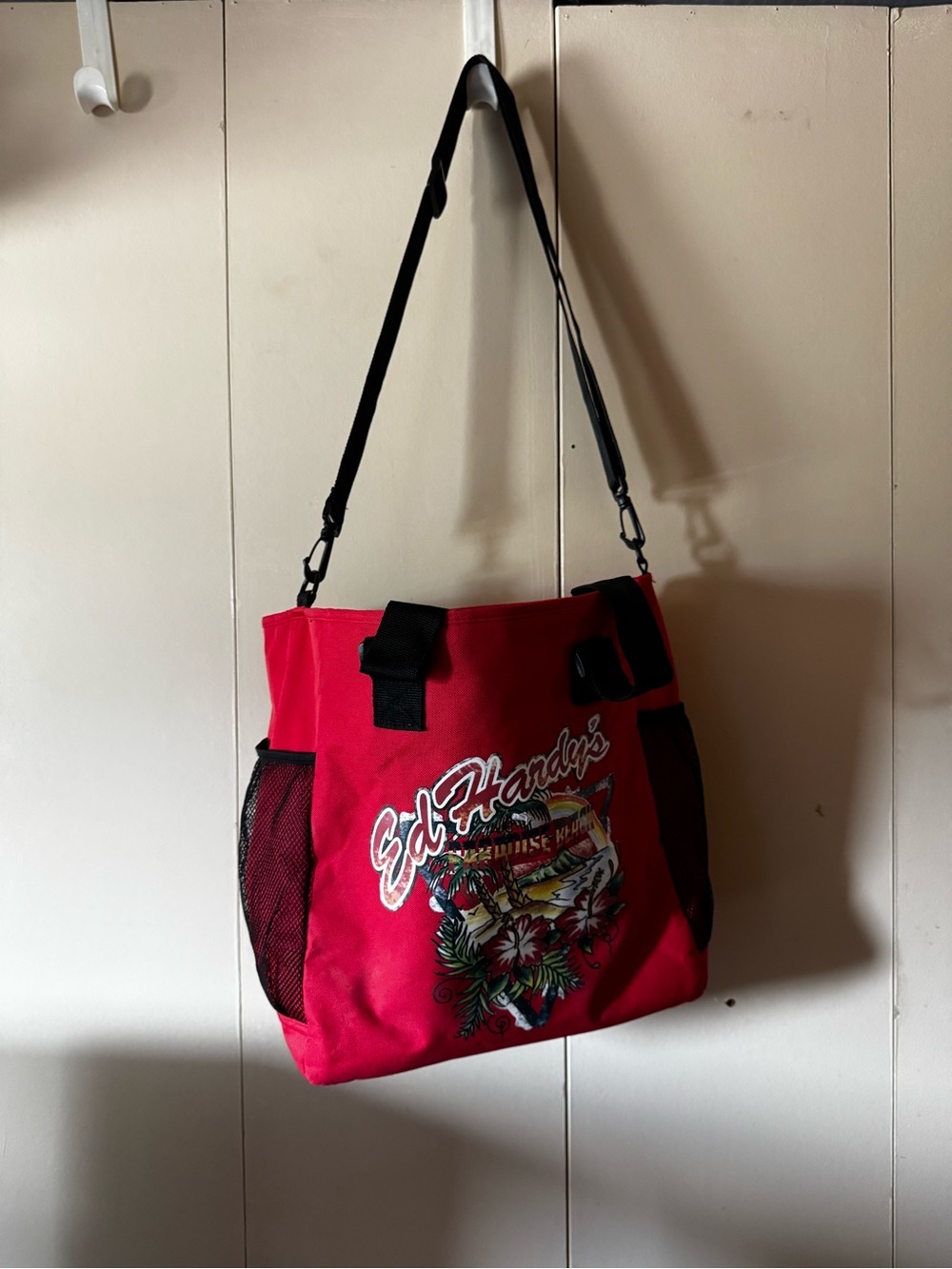 Ed Hardy Red Canvas Shoulder Bag with Graphic Logo